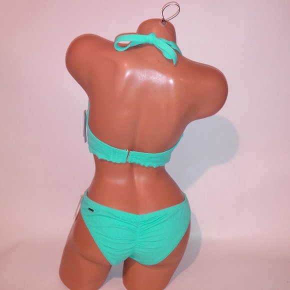 Victoria Secret Swim Bikini‎ 38D Top Large Bottom Aqua Seafoam Glow Scallop Trim - Picture 7 of 9
